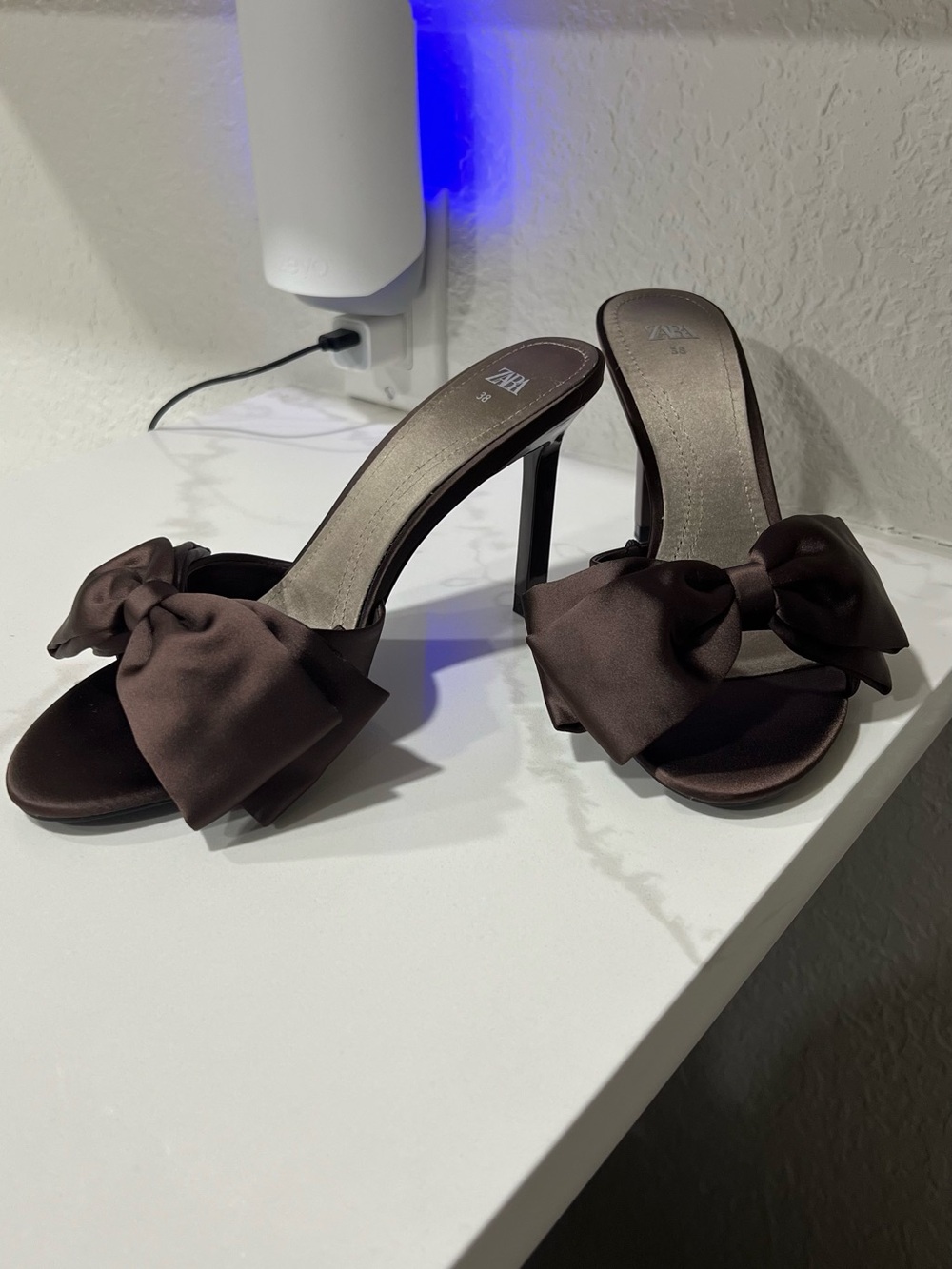 Zara Chocolate Brown Satin Bow Open-Toe Stiletto Mules